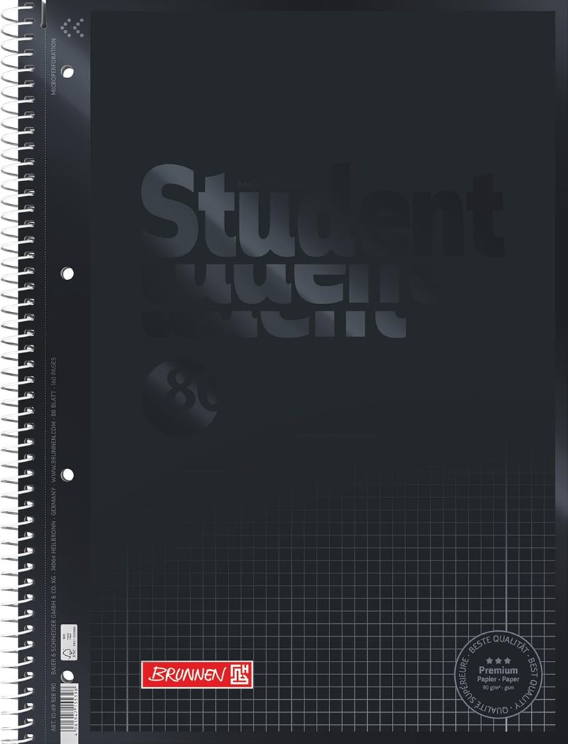 Kollegieblock A4 Rutat Svart omslag Onyx | Brunnen