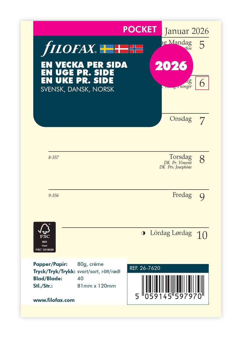 Filofax Pocket Refill 2026  Vecka/Sida. Språk svensk/dansk/norsk