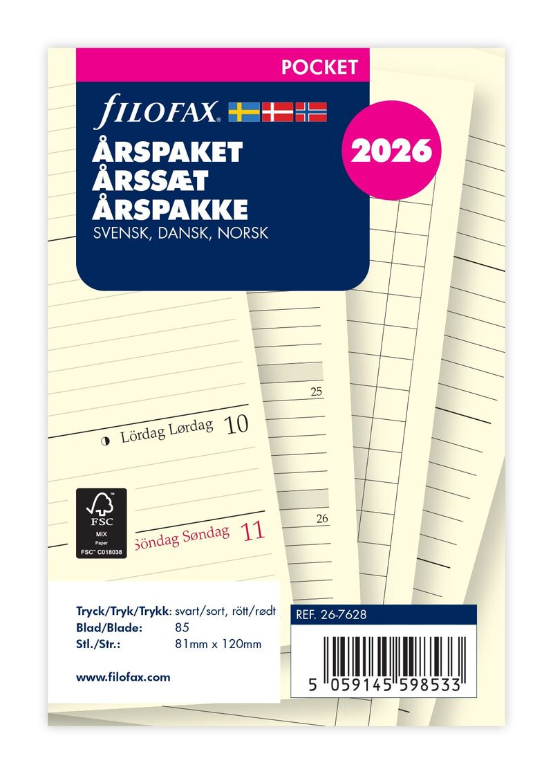 Filofax Pocket Refill 2026 Årspaket. Språk svensk/dansk/norsk
