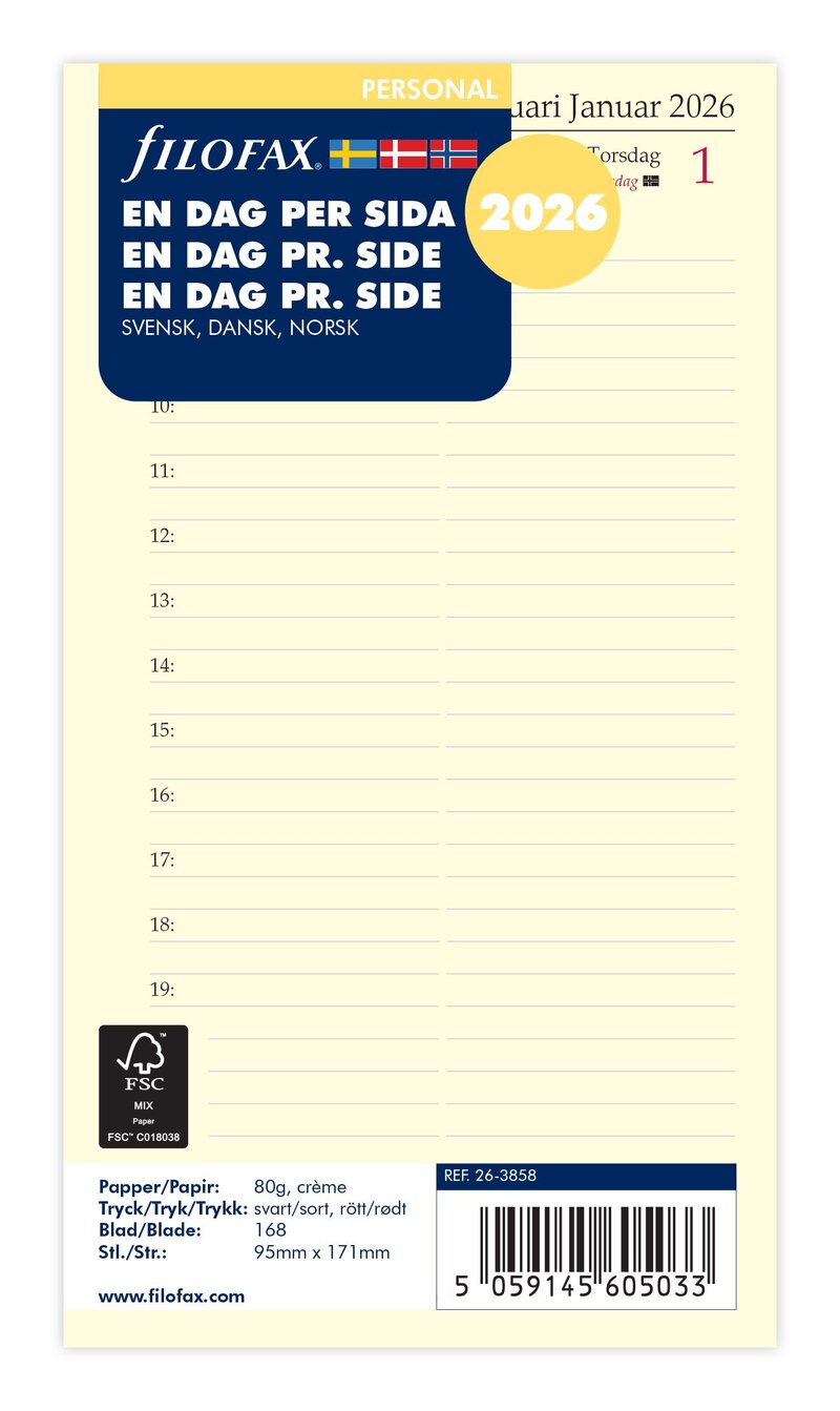 Filofax Personal Refill 2026 Dag/Sida