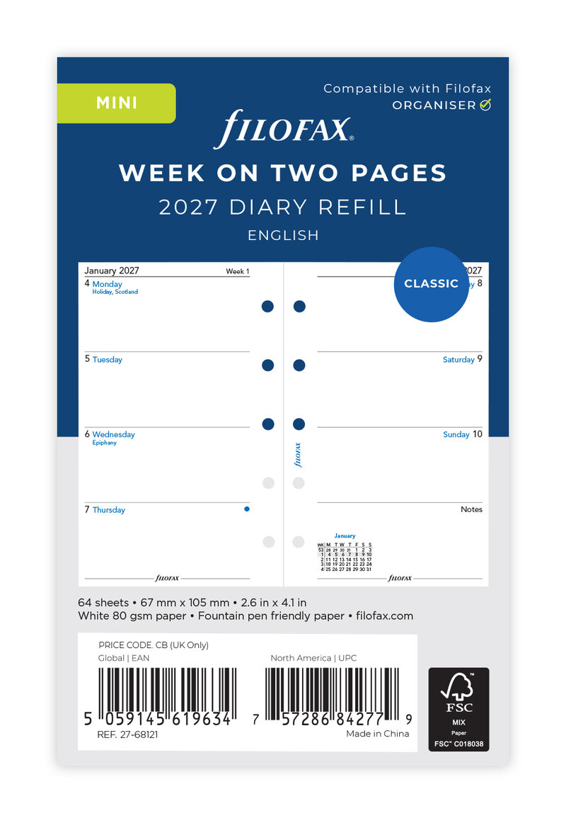 Filofax - Dagbok Mini 2027 Vecka/Uppslag, Engelsk