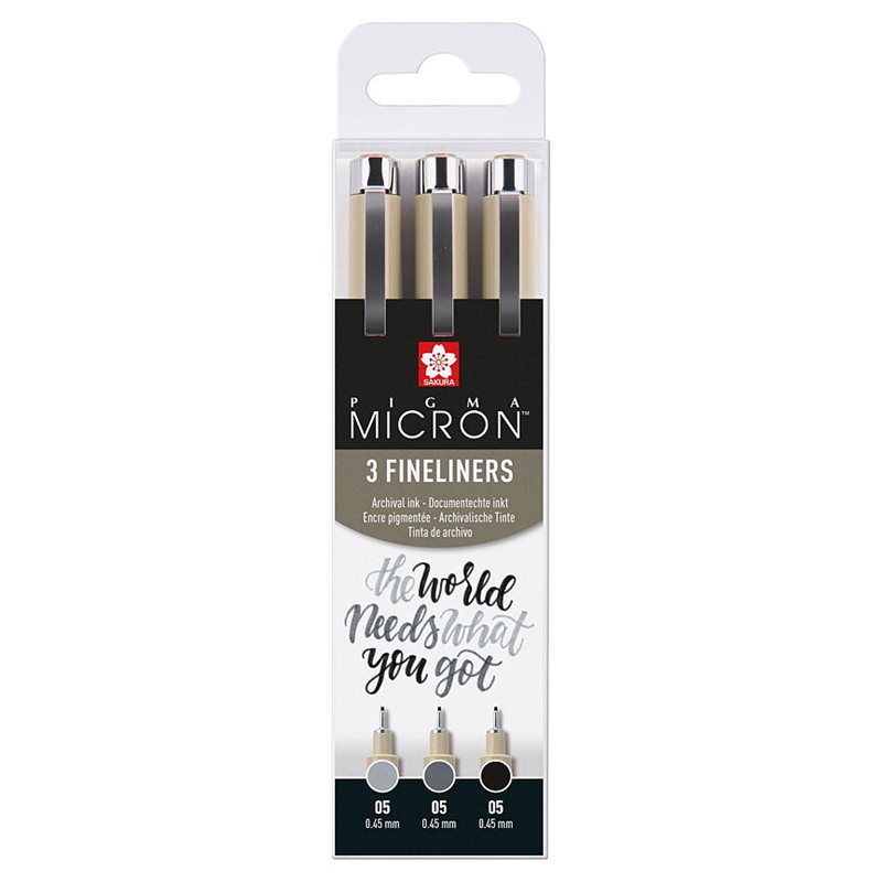 Sakura Pigma Micron 05 fineliner set 3 pens black & gray